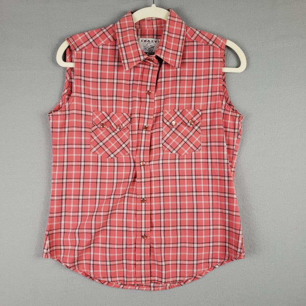 Crazy Cowgirl Size S Sleeveless Plaid Snap Up Red Western 100%‎ Cotton Country